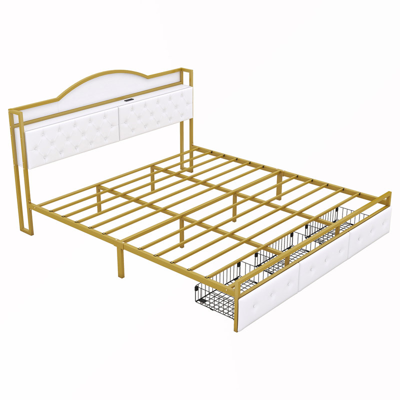 King Metal Gold Bed Frame With 3 Drawers